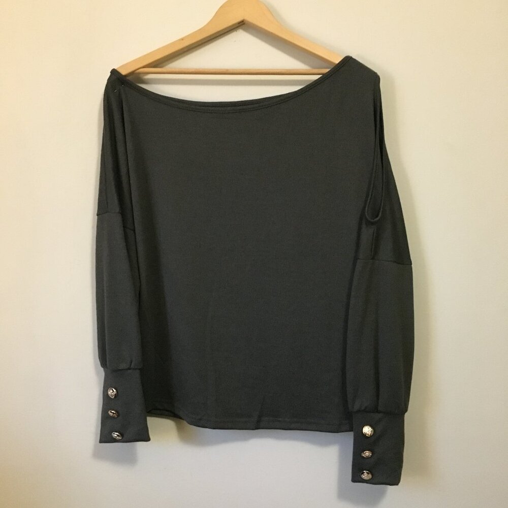 Olive Green Asymmetrical Cold Shoulder Knit Sweater with Crest Buttons - L